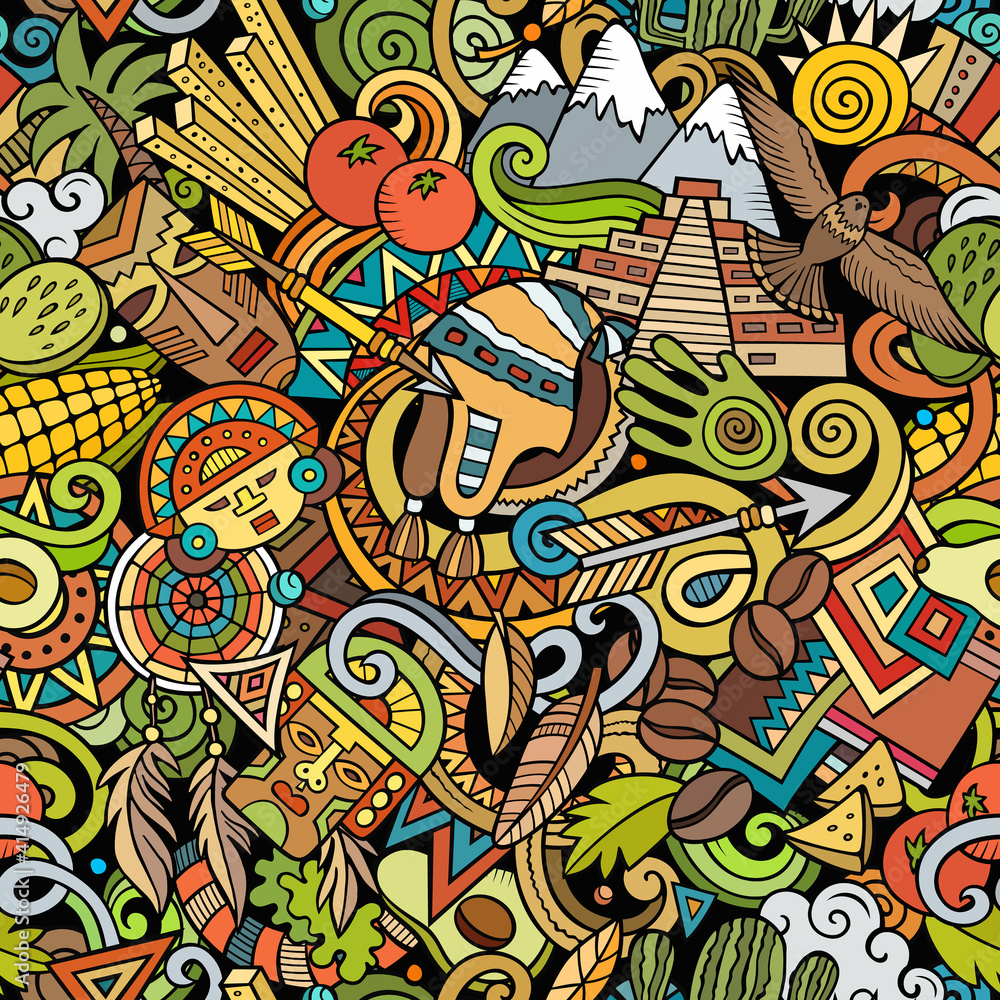 Cartoon doodles Peru seamless pattern.