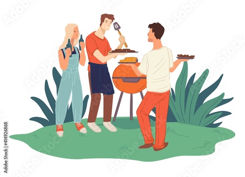 Friends grilling meat, barbeque weekends and fun