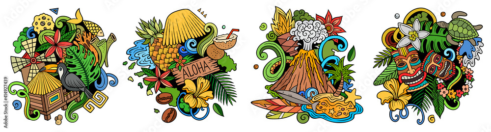 Hawaii cartoon vector doodle designs set.