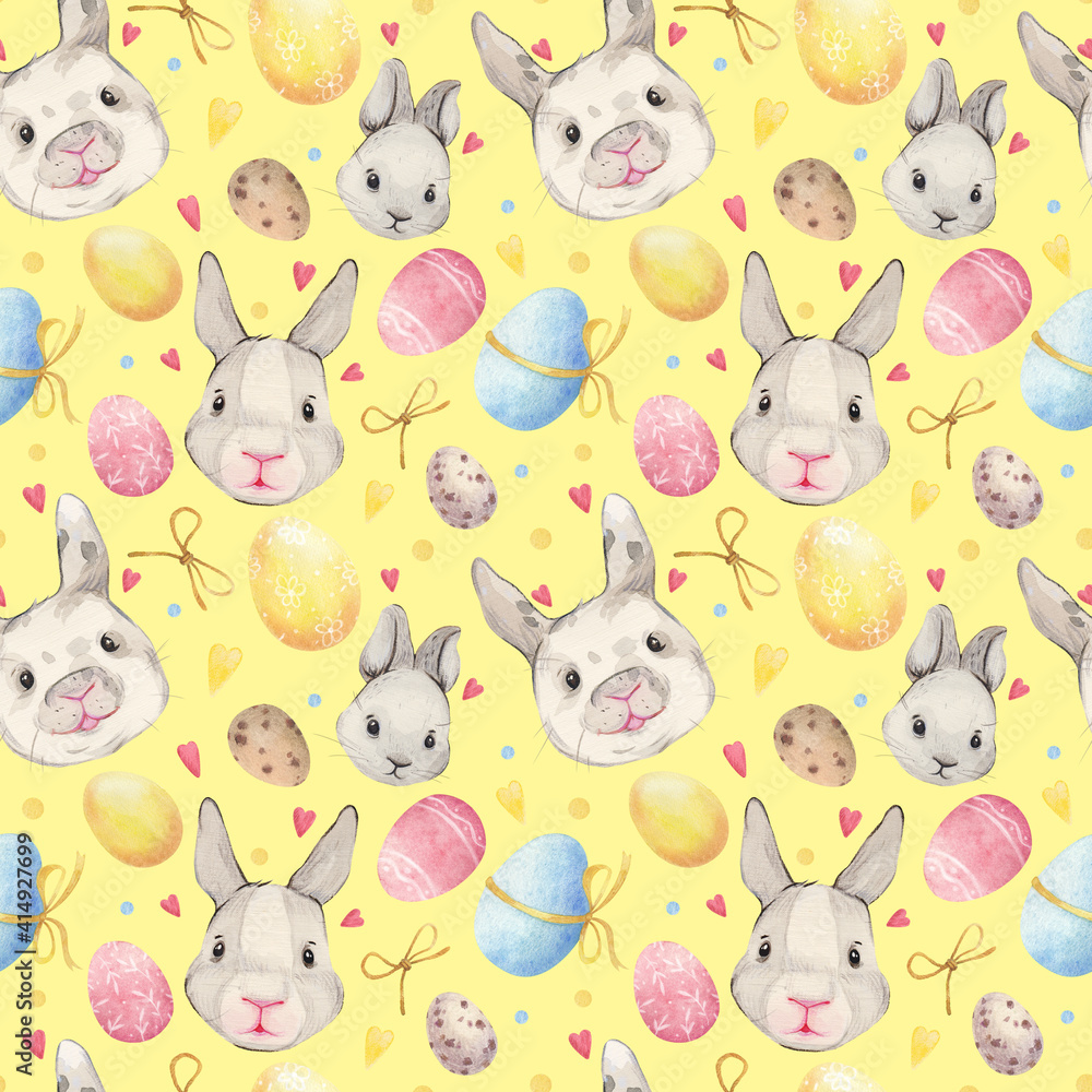 Watercolor seamless easter pattern with cute bunnies, easter eggs, hearts and bows. Hand-drawn easter bunnies, colored eggs. Stylish cute easter background. Watercolor seamless easter pattern with cute bunnies, easter eggs, hearts and bows. Hand-drawn easter bunnies, colored eggs. Stylish cute easter background.
