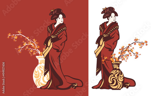 japanese geisha wearing traditional kimono clothes standing by vase with autumn maple tree branches - fall season vector design