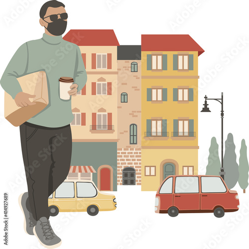 Young stylish man walking on the street, wearing mask, holding cup, drinking coffee, vector illustration, isolated on white