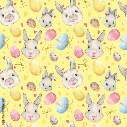 Watercolor seamless easter pattern with cute bunnies  easter eggs  hearts and bows. Hand-drawn easter bunnies  colored eggs. Stylish cute easter background.