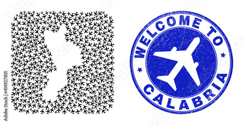 Vector collage Calabria region map of airways items and grunge Welcome badge. Collage geographic Calabria region map designed as carved shape from rounded square with air tourism.