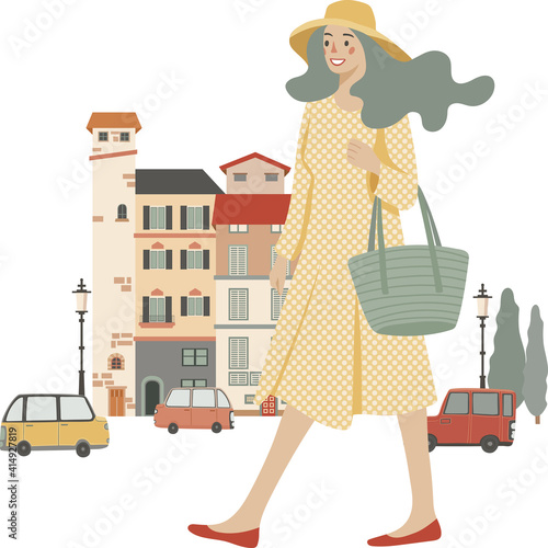 Young stylish woman walking on the street, vector illustration, isolated on white