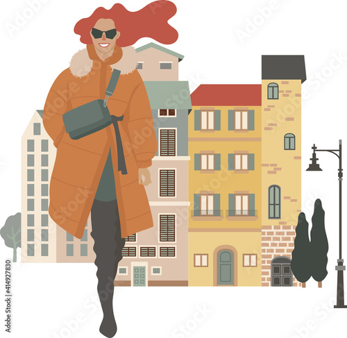 Young stylish woman walking on the street, vector illustration, isolated on white