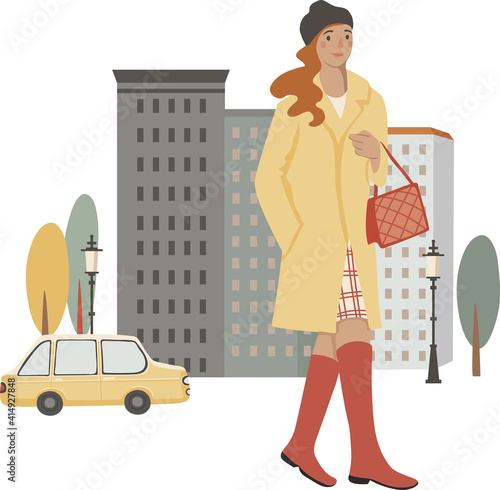 Young stylish woman walking on the street, vector illustration, isolated on white