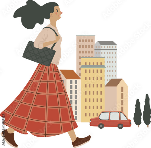 Young stylish woman walking on the street, vector illustration, isolated on white