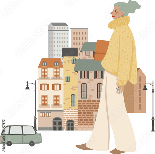 Young stylish woman walking on the street, vector illustration, isolated on white
