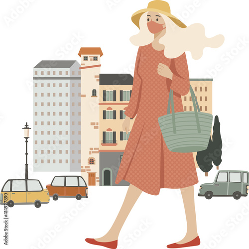 Young stylish woman walking on the street, wearing mask, vector illustration, isolated on white
