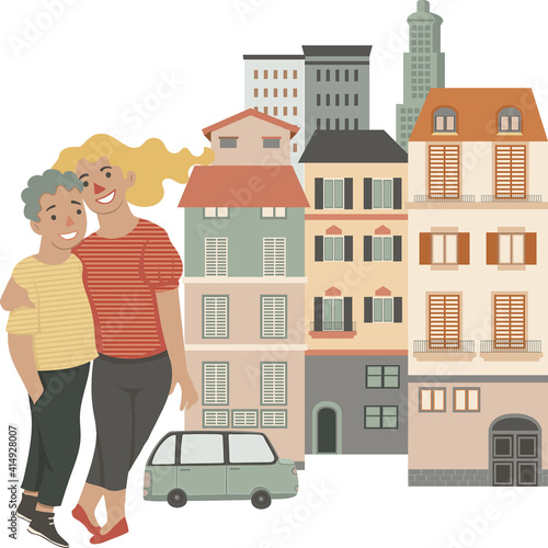 Young boy and girl staying on the street, vector illustration, isolated on white