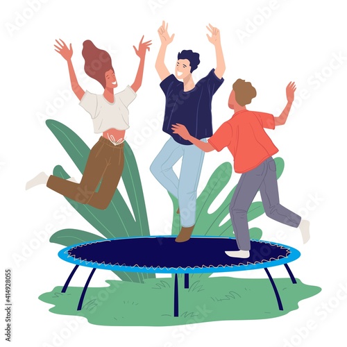 Adult friends jumping on trampoline, fun weekends