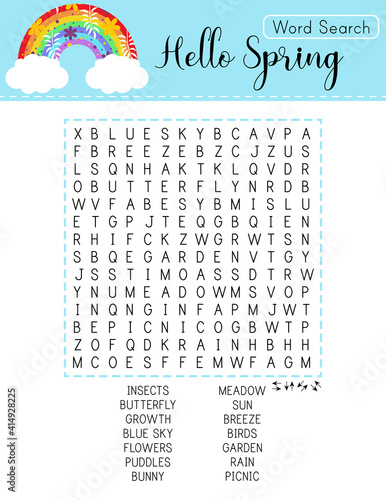 Spring word search puzzle with rainbow. Logic game for learning English words.  Printable party card. Educational game for kids.  Crossword suitable for social media post. Сolorful vector  worksheet. 