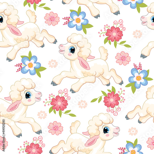 Seamless vector pattern with spring concept. Cute cartoon character lambs and flowers. Colorful illustration isolated on white background. For print, t-shirt, design, wallpaper, decor, textile