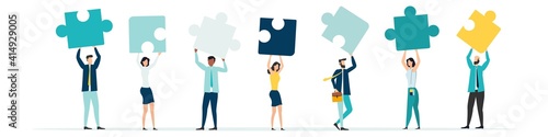 Business concept. Team metaphor. People connecting puzzle pieces. business team working and project teamwork concept. Community service symbol, cooperation, partnership. Vector.
