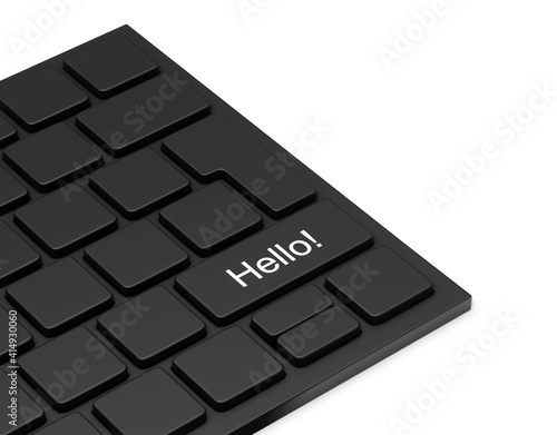 Perspective of the keyboard. Close up with black keys, 3d, 3d rendering, 3d render of a white keyboard without letters. Isolated one word
