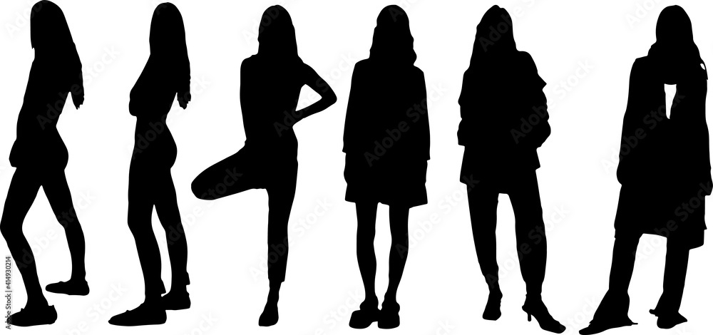 Vector silhouette of ladies, front view perfect to include in your architecture projects, renders, sketches or plans. - obrazy, fototapety, plakaty 
