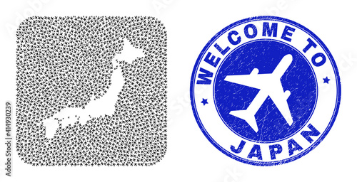 Vector mosaic Japan map of airlines items and grunge Welcome seal. Mosaic geographic Japan map designed as carved shape from rounded square shape using airliners.