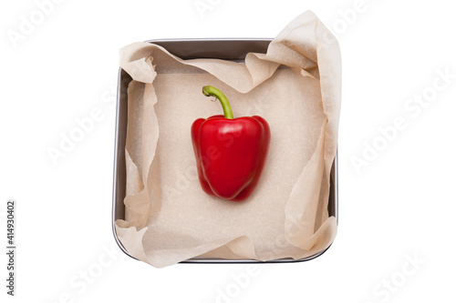 Red Bell Pepper  in a oven-tray   on white background