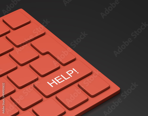 Perspectblaive of the keyboard. Close up with keys, 3d, 3d rendering, 3d render of a white keyboard without letters. Isolated word HELP
