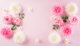 Happy women's day concept, pink roses with beautiful flower frame on pastel background. Flat lay ,top view with space.