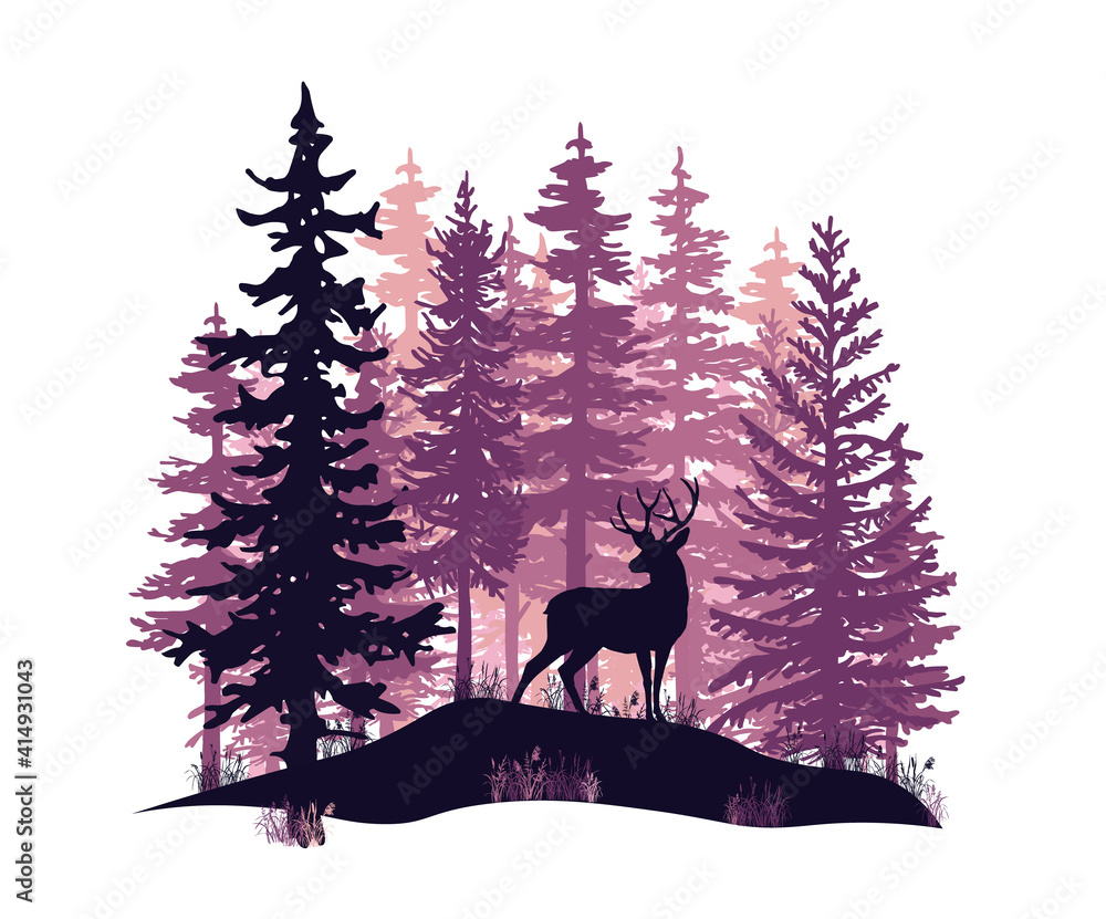 Deer with antlers, doe, fawn posing in magic misty forest. Silhouettes illustration. Coniferous trees. Deer with antlers, doe, fawn posing in magic misty forest. Silhouettes illustration. Coniferous trees.