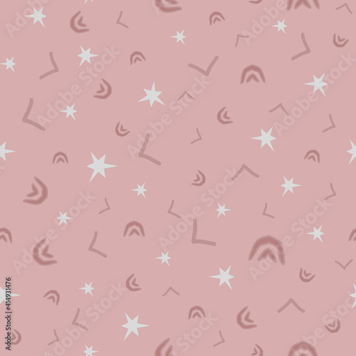 Soft pink background with seamless pattern. Stars, checkmarks, arcs. For kid's fabrics, accessories, packaging, scrapbooking, textiles, wallpaper, printing, card, product design for girls and women