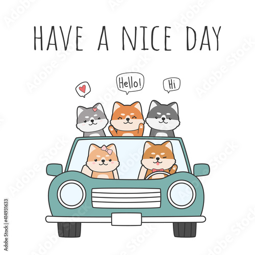 Cute adorable shiba inu japanese dog driving a car cartoon doodle vector