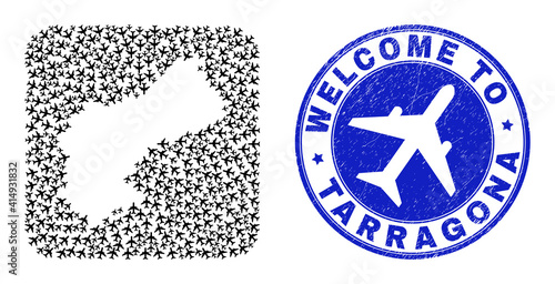 Vector mosaic Tarragona Province map of delivery items and grunge Welcome seal stamp. Collage geographic Tarragona Province map created as hole from rounded square with air jorneys.