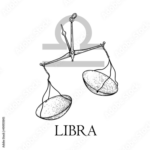 Hand drawn Libra. Zodiac symbol in vintage gravure or sketch style. Old-fashioned pharmacy scales. Retro astrology constellation mysterious illustration isolated on white.