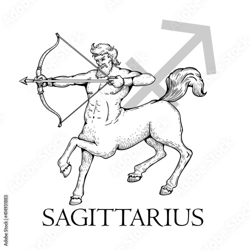 Hand drawn Sagittarius. Zodiac symbol in  sketch style. Mythical centaur warrior getting ready to shoot a bow. Retro astrology constellation mysterious illustration isolated on white.