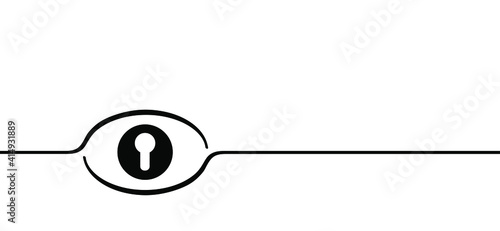 Keyhole with eye icon. The eye looks into the keyhole. Keyhole eye hole looking. Lock door Look concept. Eyes peeping through the keyhole. Flat vector sign. photo