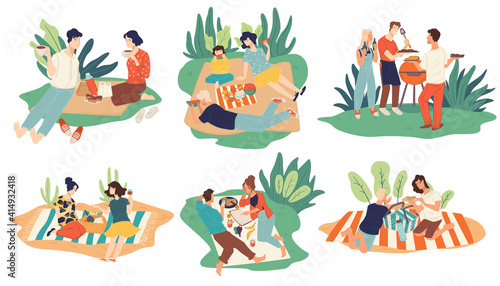 Picnic on weekends, family and couples eating