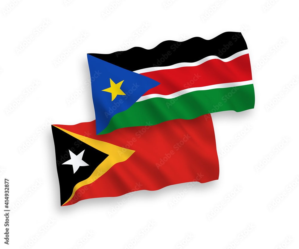 National vector fabric wave flags of East Timor and Republic of South Sudan isolated on white background. 1 to 2 proportion.
