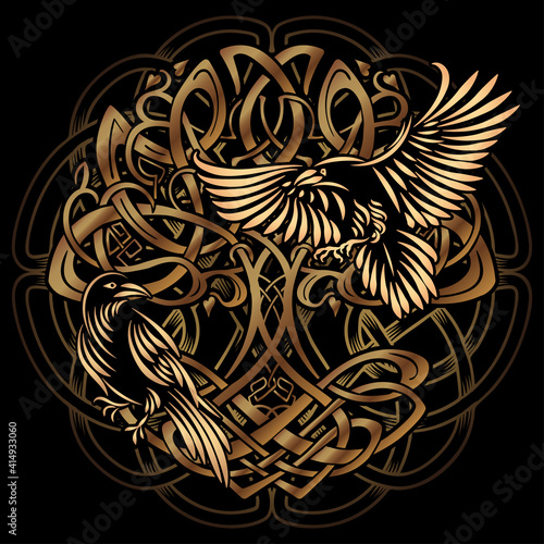 Celtic sacred symbols - Yggdrasil tree of life and totem birds raven Huginn and Muninn ravens of Odin