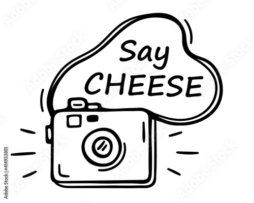 Hand drawn a сute photo camera and the inscription "Say CHEESE" in doodle style. Take photos. Clip art vector camera icon. Cartoon sketch illustration. Black lines isolated on a white background.