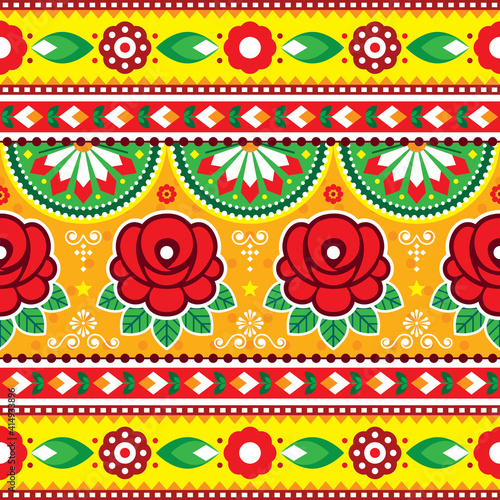 Indian and Pakistani truck art vector seamless pattern design with roses, floral Diwali vibrant pattern
