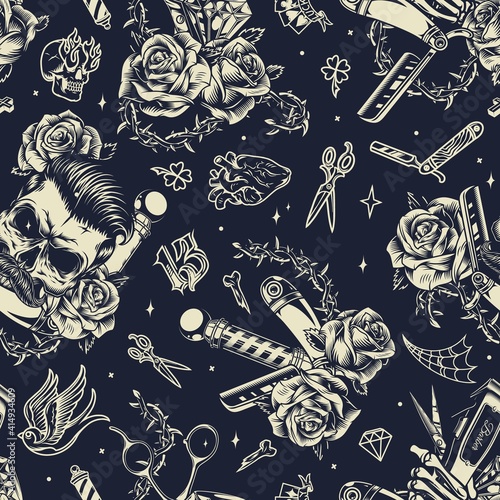 Vintage monochrome barbershop seamless pattern