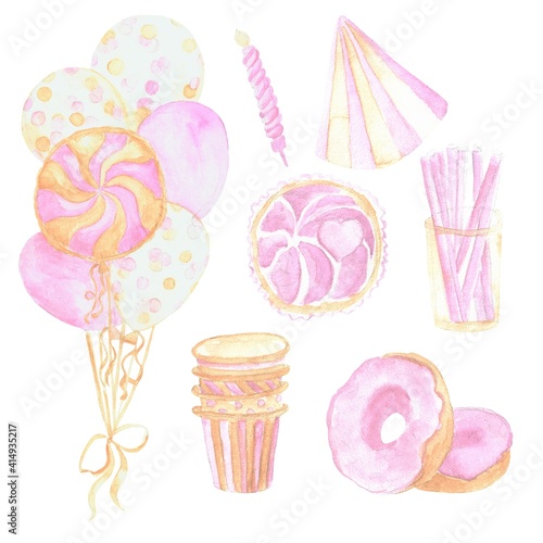 A set of attributes for abirthday a bunch of balloons, caps, candles, cupcake, cocktail tubes, paper cups, pink donuts for girl photo