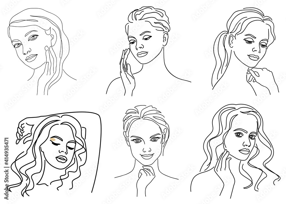 Silhouettes of a girl's head in a modern one line style. Continuous line drawing, aesthetic outline for home decor, posters, wall art, stickers, logo. Vector illustration. Silhouettes of a girl's head in a modern one line style. Continuous line drawing, aesthetic outline for home decor, posters, wall art, stickers, logo. Vector illustration.