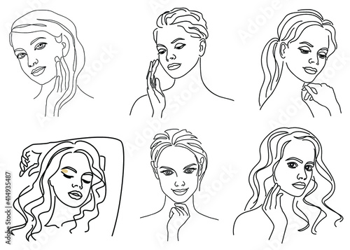 Silhouettes of a girl's head in a modern one line style. Continuous line drawing, aesthetic outline for home decor, posters, wall art, stickers, logo. Vector illustration.