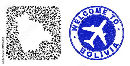Vector mosaic Bolivia map of trip elements and grunge Welcome seal stamp. Mosaic geographic Bolivia map created as hole from rounded square with air planes.