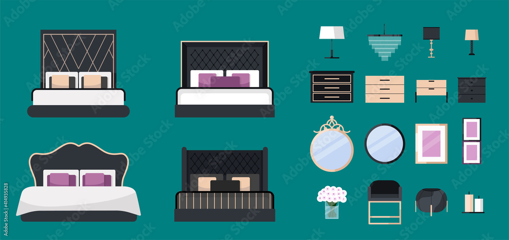 Bedroom furniture flat icons set with bed, lamp, chandelier, armchair, mirror isolated vector illustration. Set up your own bedroom. Suitable for hotel, interior design and furniture store Bedroom furniture flat icons set with bed, lamp, chandelier, armchair, mirror isolated vector illustration. Set up your own bedroom. Suitable for hotel, interior design and furniture store
