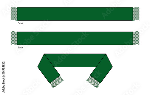Blank Dark Green Soccer Fans Scarf Template on White Background. Front and Back Views, Vector File