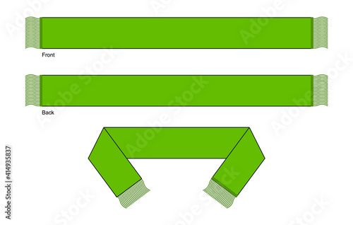 Blank Green Soccer Fans Scarf Template on White Background. Front and Back Views, Vector File.