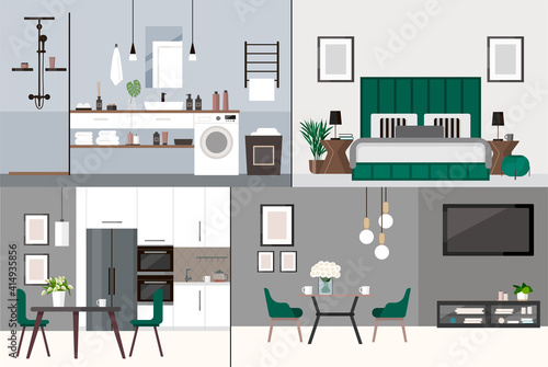 Vector stock design of all interiors in apartment. Public and private interiors illustrations set.  Living room, bathroom, bedroom, kitchen. All common areas, living room, kitchen