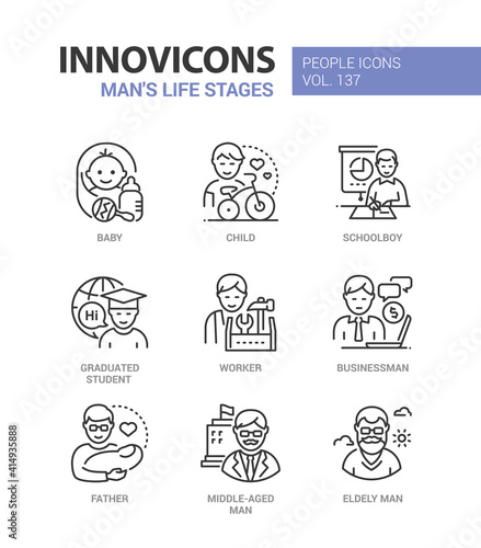 Life stages of a man - line design style icons set