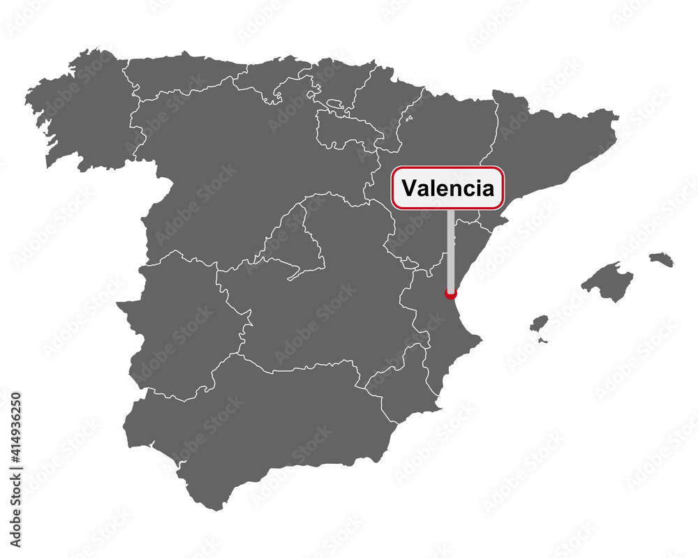 Landkarte von Spanien mit Ortsschild von Valencia