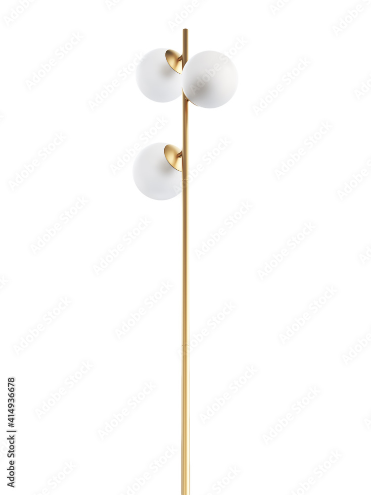 Modern brass metal floor lamp with three rounded frosted glass shades. 3d render Modern brass metal floor lamp with three rounded frosted glass shades. 3d render