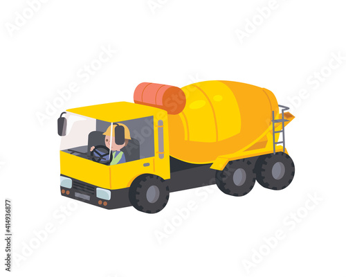 Vector cartoon children's baby childish style mixer truck carries load, concrete . Comic vector illustration of a vehicle character for a book. Helper cars. Flat design.